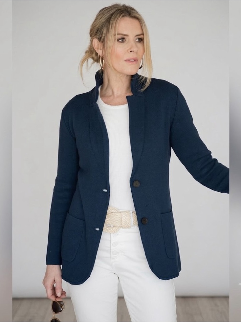 Burgess The Milly Knit Blazer Navy Blue Large Luxury Silk Blend Cotton Jacket